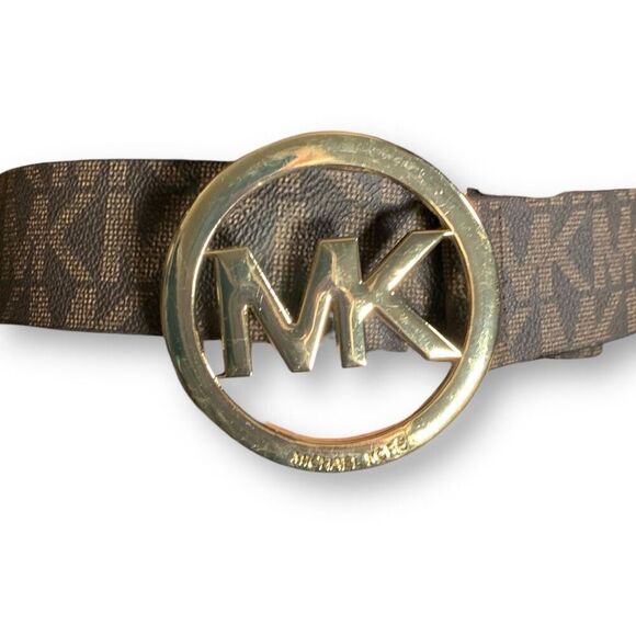 Michael Michael Kors Chocolate Logo Belt Statement MK Buckle Synthetic Leather - Picture 2 of 9